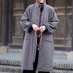 Loose Casual Linen Winter Coat, Vintage Chinese Standing Collar Frog Button Cotton Linen Coat