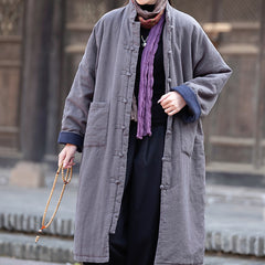 Loose Casual Linen Winter Coat, Vintage Chinese Standing Collar Frog Button Cotton Linen Coat