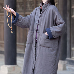 Loose Casual Linen Winter Coat, Vintage Chinese Standing Collar Frog Button Cotton Linen Coat
