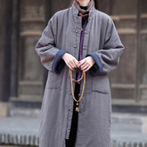 Loose Casual Linen Winter Coat, Vintage Chinese Standing Collar Frog Button Cotton Linen Coat