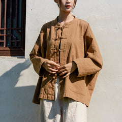 Loose Casual Linen Shirt, Vintage Chinese Standing Collar Frog Button Cotton Linen Shirt