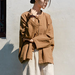 Loose Casual Linen Shirt, Vintage Chinese Standing Collar Frog Button Cotton Linen Shirt