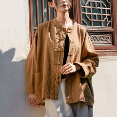 Loose Casual Linen Shirt, Vintage Chinese Standing Collar Frog Button Cotton Linen Shirt
