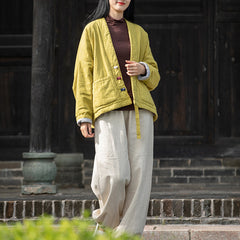Loose Casual Linen Jacket, Vintage Chinese Standing Collar Frog Button Cotton Jacket