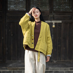 Loose Casual Linen Jacket, Vintage Chinese Standing Collar Frog Button Cotton Jacket