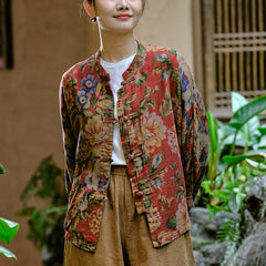 Loose Casual Linen Printed Flower Shirt, Vintage Chinese Standing Collar Frog Button Cotton Shirt