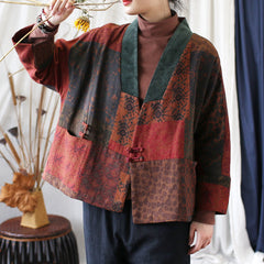 Printed Cotton and Linen Kimono, Chinese Frog Button Jacket