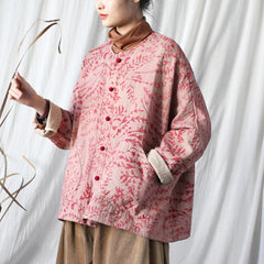 Red Printed Cotton Linen Jacket , Chinese Frog Button Jacket