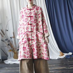 Red Printed Floral Cotton Linen Long Jacket , Vintage Chinese Frog Button Jacket