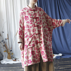 Red Printed Floral Cotton Linen Long Jacket , Vintage Chinese Frog Button Jacket