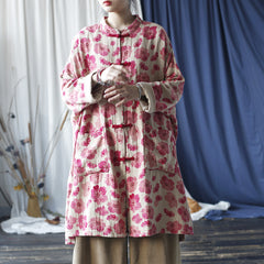 Red Printed Floral Cotton Linen Long Jacket , Vintage Chinese Frog Button Jacket