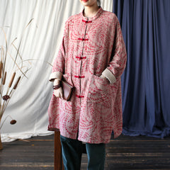 Red Printed Botanical Cotton Linen Long Jacket ,Vintage Chinese Frog Button Jacket