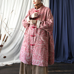 Red Printed Botanical Cotton Linen Long Jacket ,Vintage Chinese Frog Button Jacket