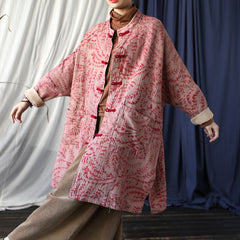 Red Printed Botanical Cotton Linen Long Jacket ,Vintage Chinese Frog Button Jacket