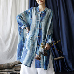 Blue striped linen printed shirt, loose casual linen long shirt