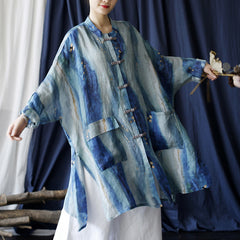 Blue striped linen printed shirt, loose casual linen long shirt