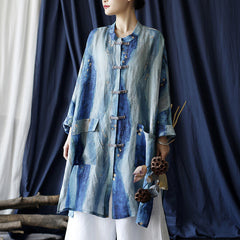 Blue striped linen printed shirt, loose casual linen long shirt