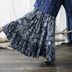 Cotton Summer Skirt, Vintage Printed Blue Skirt, Summer Elastic Waist Skirt