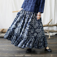 Cotton Summer Skirt, Vintage Printed Blue Skirt, Summer Elastic Waist Skirt