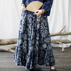 Cotton Summer Skirt, Vintage Printed Blue Skirt, Summer Elastic Waist Skirt