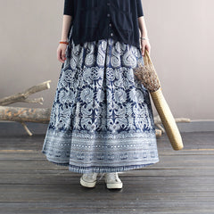 Vintage Printed Blue Skirt, Summer Elastic Waist Skirt