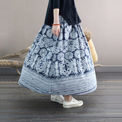 Vintage Printed Blue Skirt, Summer Elastic Waist Skirt