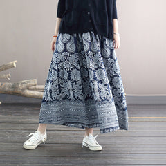 Vintage Printed Blue Skirt, Summer Elastic Waist Skirt