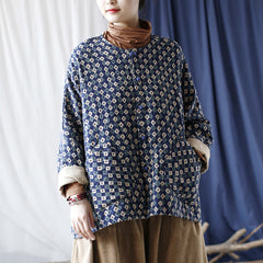 Vintage Plaid Cotton Shirt, Round Neck Cotton Long Sleeve Shirt