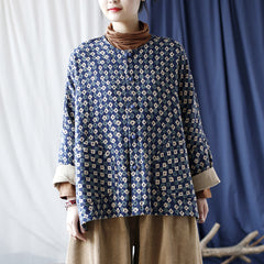 Vintage Plaid Cotton Shirt, Round Neck Cotton Long Sleeve Shirt