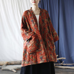 Red Loose Printed Cotton Kimono, Vintage Cotton Jacket