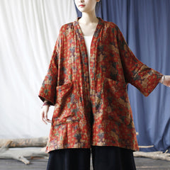 Red Loose Printed Cotton Kimono, Vintage Cotton Jacket