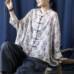Vintage Printed Shirt, Chinese Standing Collar Cotton Linen Shirt