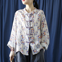 Vintage Printed Shirt, Chinese Standing Collar Cotton Linen Shirt