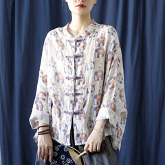 Vintage Printed Shirt, Chinese Standing Collar Cotton Linen Shirt