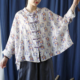 Vintage Printed Shirt, Chinese Standing Collar Cotton Linen Shirt