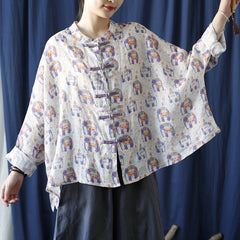 Vintage Printed Shirt, Chinese Standing Collar Cotton Linen Shirt