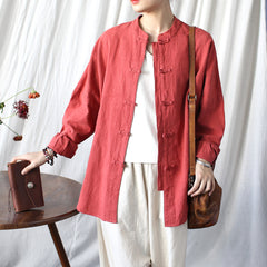 Vintage Standing Collar Frog Button Shirt, Chinese Loose Casual Cotton Linen Jacket