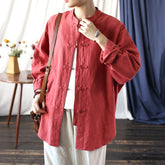 Vintage Standing Collar Frog Button Shirt, Chinese Loose Casual Cotton Linen Jacket