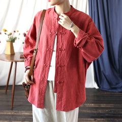 Vintage Standing Collar Frog Button Shirt, Chinese Loose Casual Cotton Linen Jacket