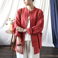 Vintage Standing Collar Frog Button Shirt, Chinese Loose Casual Cotton Linen Jacket