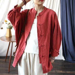 Vintage Standing Collar Frog Button Shirt, Chinese Loose Casual Cotton Linen Jacket