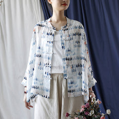 Vintage Standing Collar Printed Shirt, Chinese Loose Casual Cotton Linen Shirt