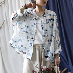 Vintage Standing Collar Printed Shirt, Chinese Loose Casual Cotton Linen Shirt