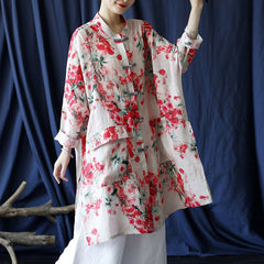 Summer Printed Flower Linen Shirt, Vintage Chinese Standing Collar Frog Button Casual Long Shirt Plus size