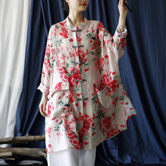 Summer Printed Flower Linen Shirt, Vintage Chinese Standing Collar Frog Button Casual Long Shirt Plus size