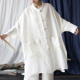 Summer solid color linen shirt, vintage Chinese stand-up collar frog button casual long shirt Plus size