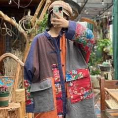 Vintage patchwork jacket, Chinese printed cotton and linen coat