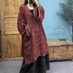 Vintage Printed Cotton Linen Jacket, Vintage Chinese Linen Kimono, Loose Casual Cotton Linen Shirt