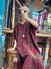 Vintage Cotton Linen Printed Dress, V-Neck Loose Casual Dress
