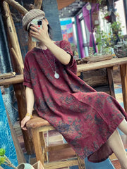 Vintage Cotton Linen Printed Dress, V-Neck Loose Casual Dress